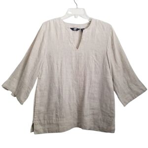 Lands End Womens Linen Tunic Top Size Small Beige Tan 3/4 Sleeve Neutral Coastal